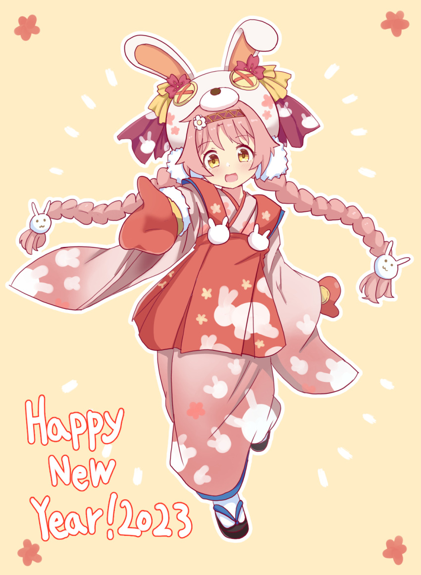 1girl 2023 animal_hat blush braid chinese_zodiac full_body hat highres japanese_clothes kansoku kimono long_hair mimi_(princess_connect!) mittens open_mouth pink_eyes pink_kimono princess_connect! rabbit_hat reaching reaching_towards_viewer sandals smile solo tabi twin_braids year_of_the_rabbit yellow_eyes zouri