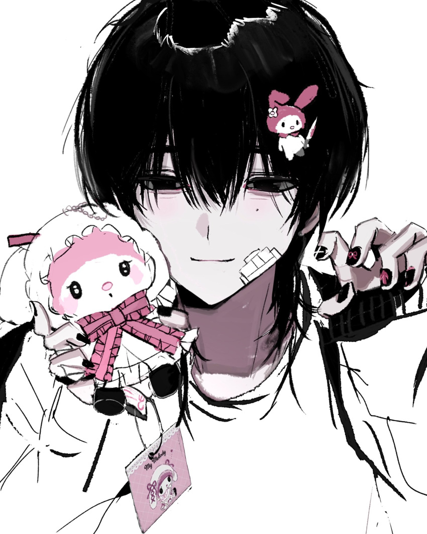 1boy bandaid bandaid_on_face black_eyes black_hair black_nails blush empty_eyes hair_between_eyes hair_ornament hairpin hand_up highres light_smile looking_at_viewer male_focus messy_hair mole mole_under_eye my_melody original shirt shuishuisama stuffed_animal stuffed_toy white_shirt yami_kawaii