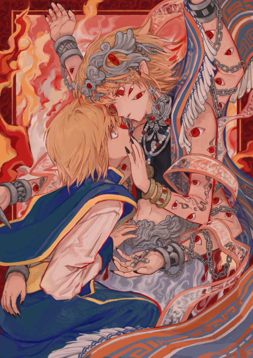 2boys absurdres androgynous black_nails blonde_hair blue_eyes chain earrings extra_arms facing_another fire from_side headdress highres hinduism hunter_x_hunter ik18166181ik jewelry kurapika looking_at_another male_focus multiple_boys navel profile red_eyes short_hair too_many_eyes upper_body