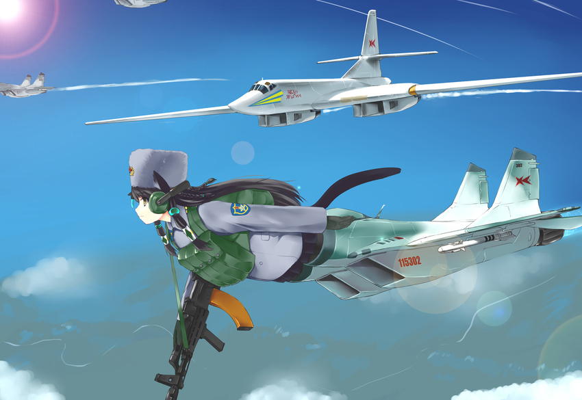 aircraft airplane amd-65 animal_ears black_legwear cat_ears cat_tail day flying full_body gloves green_hair gun hair_tubes hat headphones jet lens_flare mecha_musume mig-29 military military_uniform mizuki_(mizuki_ame) pantyhose rifle russia sky sling strike_witches_1991 striker_unit tail tu-160 uniform vertical_foregrip weapon world_witches_series yellow_eyes