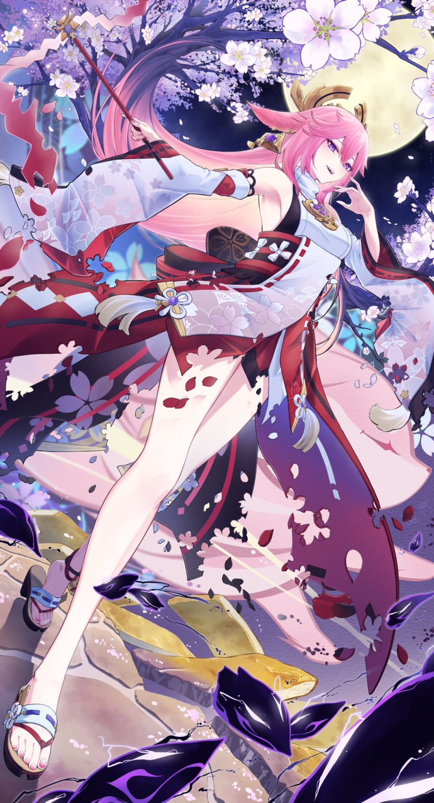 1girl animal_ears bare_shoulders cherry_blossom_print cherry_blossoms commentary_request detached_sleeves dutch_angle earrings electricity floppy_ears floral_print fox_ears full_body full_moon genshin_impact hand_up highres jewelry long_hair looking_at_viewer moon nail_polish night open_mouth outdoors pink_hair pink_nails purple_eyes sandals shirt sleeveless sleeveless_shirt smile solo taiju_(gr09kuma) tassel toenail_polish toenails tree turtleneck very_long_hair walking white_shirt white_sleeves wide_sleeves yae_miko