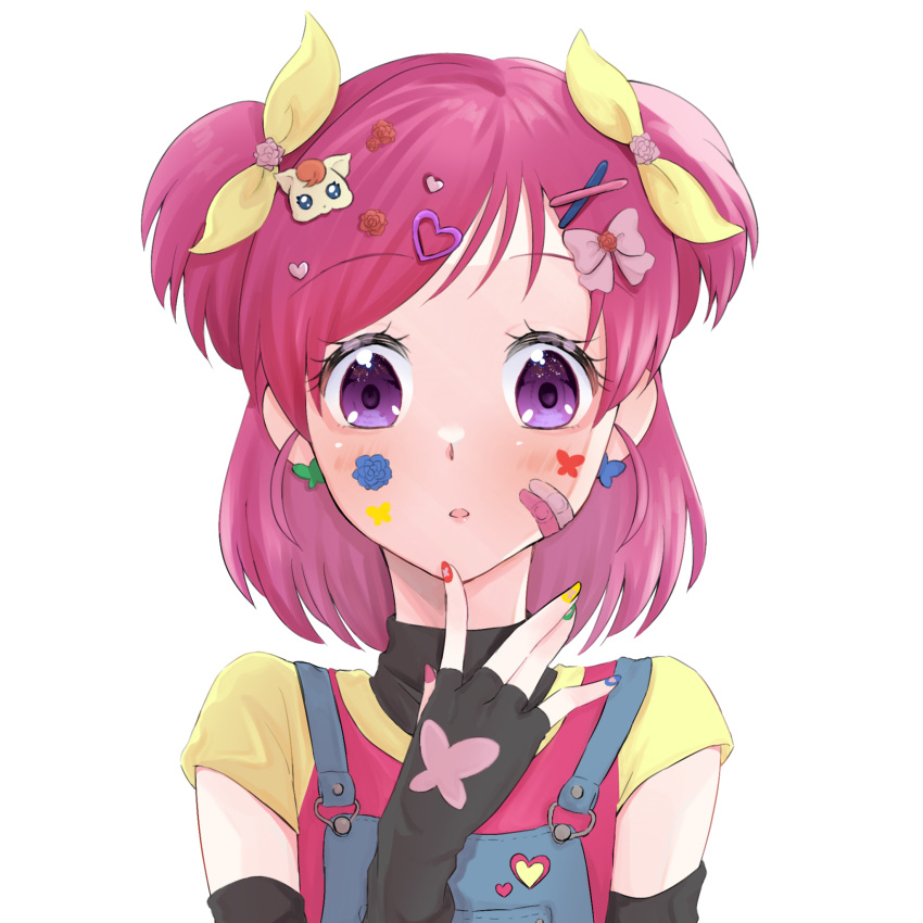 1girl bandaid bandaid_on_face black_gloves casual coco_(yes!_precure_5) earrings elbow_gloves facial_mark finger_to_own_chin fingerless_gloves gloves hair_ornament hair_ribbon hairclip highres jewelry mismatched_earrings multicolored_nails overalls parted_lips pink_eyes pink_hair pink_shirt precure ribbon shigen_pr shirt short_hair short_sleeves simple_background solo t-shirt two-tone_shirt two_side_up white_background x_hair_ornament yellow_ribbon yellow_shirt yes!_precure_5 yes!_precure_5_gogo! yumehara_nozomi