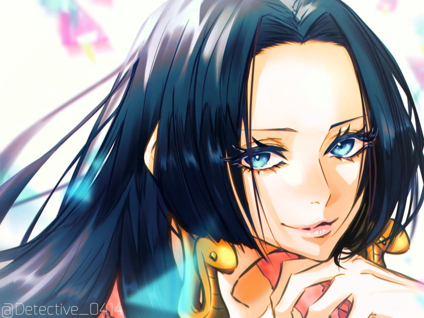 1girl black_hair blue_eyes boa_hancock close-up commentary detective_0414 earrings eyelashes floating_hair forehead hand_on_own_chin highres hime_cut jewelry long_hair looking_at_viewer one_piece pink_lips red_shirt shirt smile snake_earrings solo twitter_username