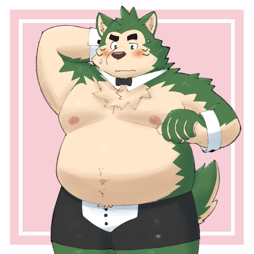 2024 anthro black_nose blush bow_tie canid canine canis clothing domestic_dog green_body hi_res humanoid_hands kemono lifewonders live_a_hero male mammal meme meme_clothing mokdai overweight overweight_male solo underwear yaki_atsuage