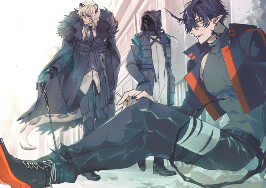 3boys animal_ears ankle_boots arknights bandaged_leg bandages black_hair black_hoodie black_jacket boots coat crossed_legs demon_tail doctor_(arknights) ear_piercing flamebringer_(arknights) from_side fur_coat hood hoodie horns jacket looking_at_viewer looking_to_the_side male_focus multiple_boys open_clothes open_jacket pectorals piercing silverash_(arknights) sitting smile smoking standing suit tail tiger_ears tiger_tail tight_top toriyoshi white_hair