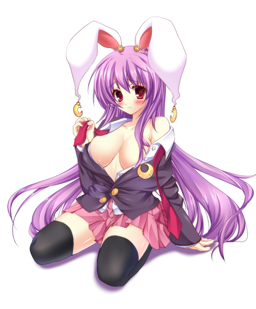 animal_ears bare_shoulders black_legwear blush breasts bunny_ears colorized crescent crescent_earrings earrings highres jewelry large_breasts long_hair no_bra noumin off_shoulder open_clothes open_shirt purple_hair red_eyes reisen_udongein_inaba shirt skirt solo thighhighs touhou