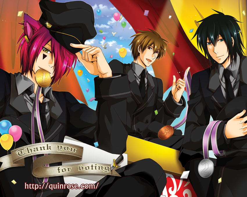 ace_(kuni_no_alice) alternate_costume animal_ears artist_request balloon black_hair blood_dupre boris_airay brown_hair cat_ears earrings fangs fingernails grey_eyes hair_over_one_eye hat heart_no_kuni_no_alice jewelry male_focus medal multiple_boys necktie official_art peaked_cap pink_hair red_eyes tattoo uniform yellow_eyes