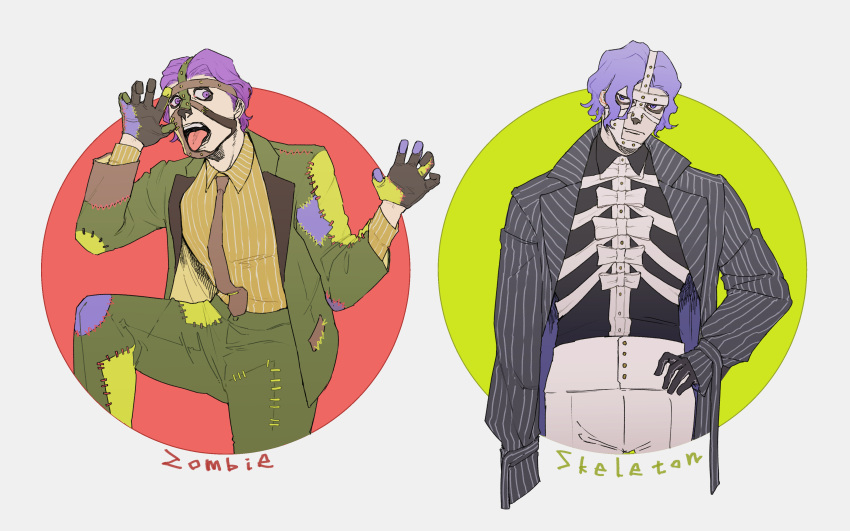 1boy absurdres alternate_costume bow halloween highres male_focus mask mitaka_1006 multiple_views necktie one_piece patchwork_clothes purple_hair skeleton_costume spandam striped_suit suit wavy_hair zombie