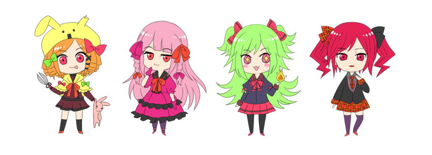 +_+ 4girls :3 :p animal_ear_headwear black_bow black_socks black_suit black_thighhighs blush_stickers bow bowtie braid capelet charlotte_(witch's_heart) chibi dress drill_hair gloves green_bow green_hair hair_bow hair_ornament hair_ribbon hand_on_own_chest hand_on_own_chin holding holding_scissors jitome leg_up lime_(witch's_heart) long_hair moon-realm multiple_girls necktie orange_footwear orange_hair pink_bow pink_dress pink_eyes pink_footwear pink_gloves pink_hair pink_ribbon plaid plaid_bow plaid_necktie plaid_skirt pleated_skirt puffy_short_sleeves puffy_sleeves red_bow red_bowtie red_eyes red_footwear red_hair red_ribbon red_shirt red_skirt ribbon rouge_(witch's_heart) scissors shirt short_hair short_sleeves simple_background skirt smile smug socks suit swept_bangs thighhighs tongue tongue_out twin_braids twintails white_background witch's_heart x_hair_ornament yellow_capelet yellow_hat zizel_(witch's_heart)