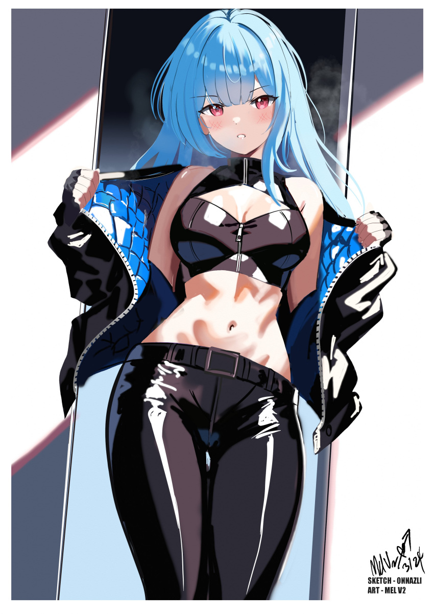 absurdres belt black_pants blue_hair collaboration cowboy_shot crop_top highres jacket kula_diamond leather leather_jacket leather_pants long_hair looking_at_viewer melissa_2.0 navel open_clothes open_jacket pants purple_eyes signature the_king_of_fighters zipper