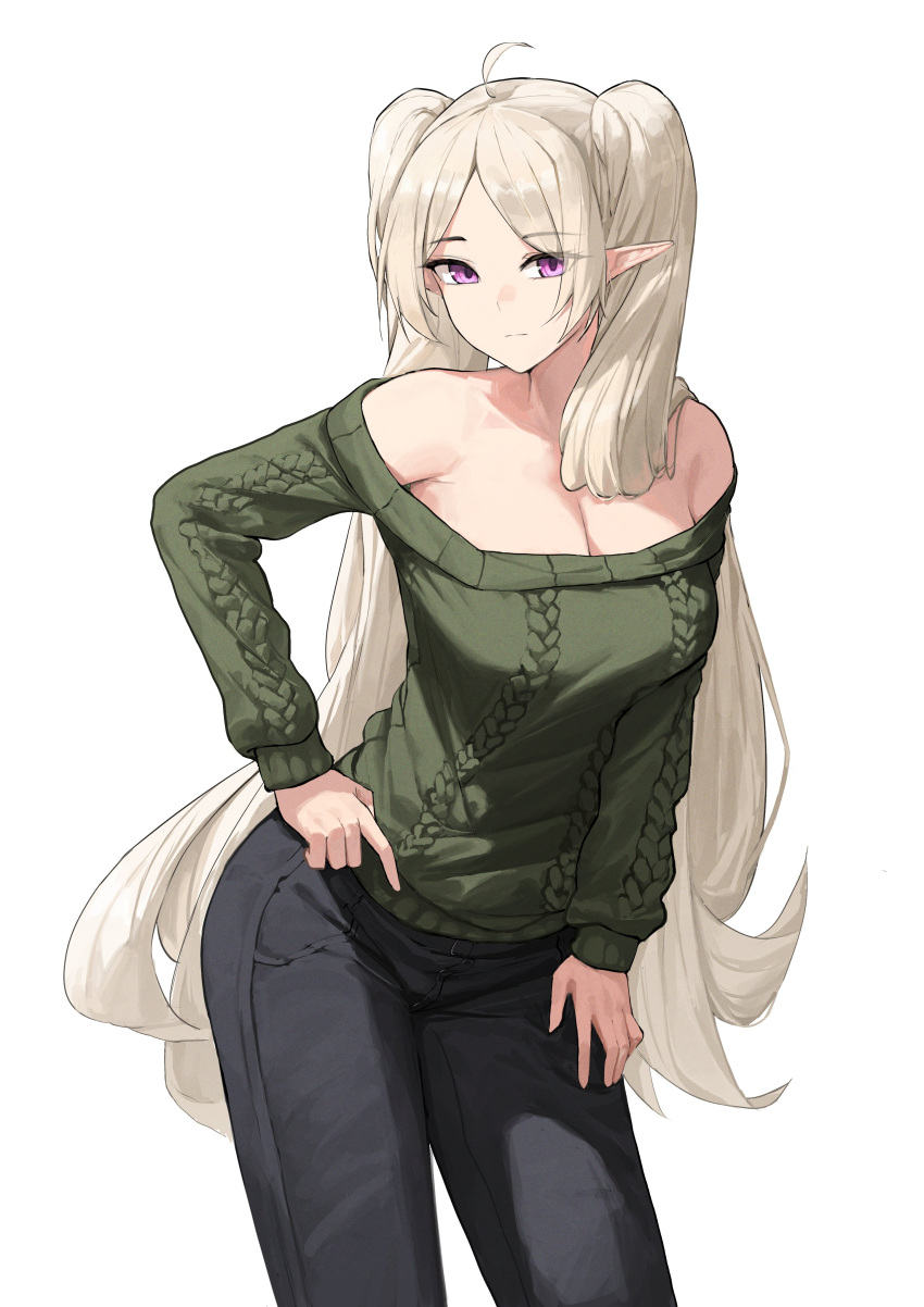 1girl absurdres ahoge ai-bon bare_shoulders black_pants breasts cleavage commentary commission cowboy_shot green_sweater hand_on_own_hip hand_up highres holding holding_phone large_breasts long_hair long_sleeves looking_at_viewer off-shoulder_sweater off_shoulder original pants phone pointy_ears purple_eyes solo standing sweater thighs twintails very_long_hair white_hair