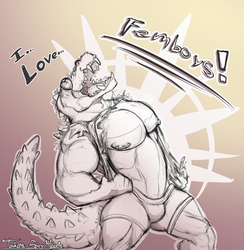 absurd_res alligator alligatorid anthro clothing crocodilian glowing heart_eyes heart_symbol hi_res male muscular nipple_piercing nipples open_mouth pecs piercing reptile scalie screaming solo tonkotsu_spicy_noodle torn_clothing
