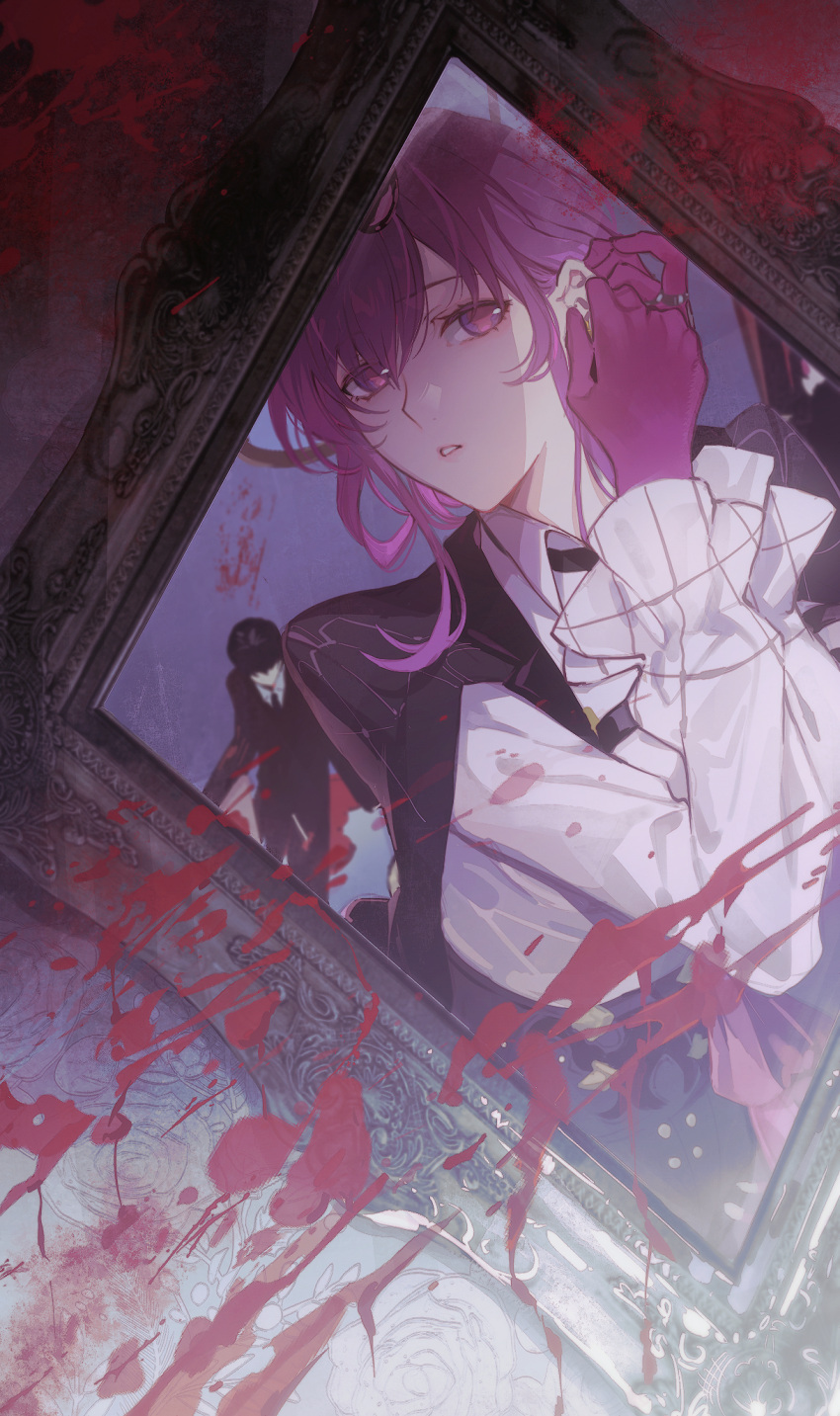 1boy 1girl adjusting_earrings black_jacket blood blood_on_mirror blood_on_wall blood_splatter collared_shirt earrings eyewear_on_head gloves hands_up high-waist_shorts highres honkai:_star_rail honkai_(series) jacket jewelry kafka_(honkai:_star_rail) looking_at_mirror looking_to_the_side mirror parted_lips purple_eyes purple_gloves purple_hair putting_on_earrings reflection_focus round_eyewear shirt shorts solo_focus upper_body white_shirt zassyoku_dd