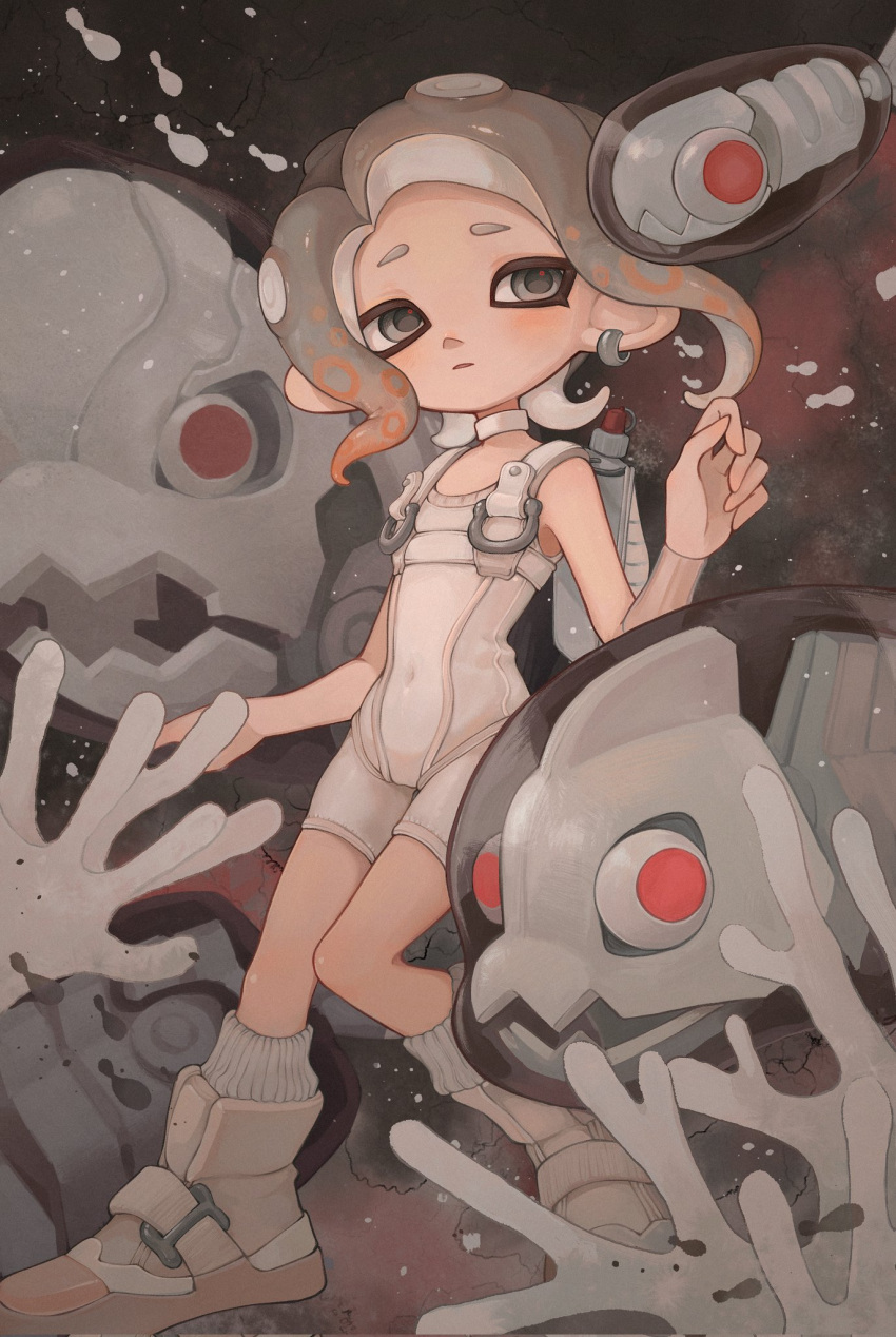 1girl agent_8_(splatoon) battering_lento bodysuit boots brown_hair choker commentary coral covered_navel detached_sleeves earrings fish full_body grey_eyes grey_hair hand_up highres hoop_earrings ink_tank_(splatoon) jelleton jewelry liang_cun_rakuna long_hair marching_andante multicolored_hair octoling octoling_girl octoling_player_character parted_lips see-through see-through_sleeves single_detached_sleeve sleeveless sleeveless_bodysuit socks splatoon_(series) splatoon_3 splatoon_3:_side_order suction_cups swarming_languendo symbol-only_commentary tentacle_hair two-tone_hair white_bodysuit white_choker white_footwear white_socks