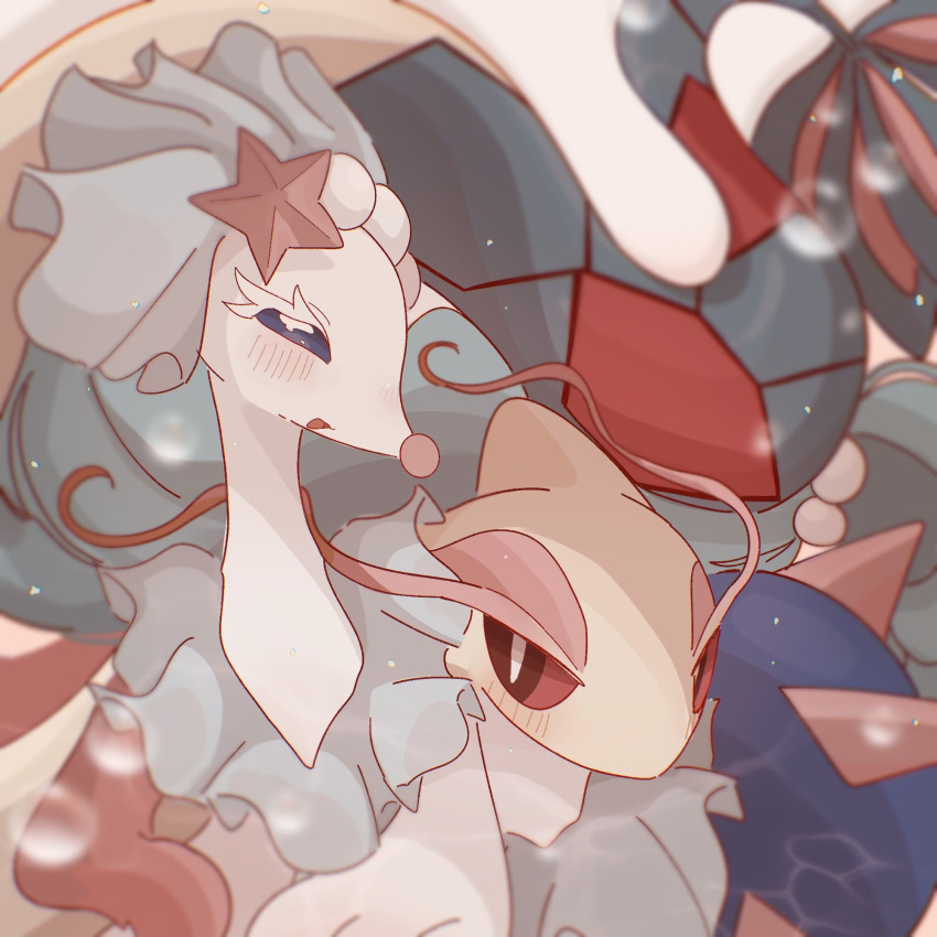 animal_focus blank_eyes blue_eyes blue_hair blurry blush bright_pupils bubble caustics colored_eyelashes colored_sclera commentary_request depth_of_field happy highres long_hair milotic no_humans open_mouth partial_commentary pearl_hair_ornament pokemon pokemon_(creature) primarina red_eyes red_sclera smile starfish_hair_ornament tamako_(pixiv_71110817) underwater very_long_hair white_pupils