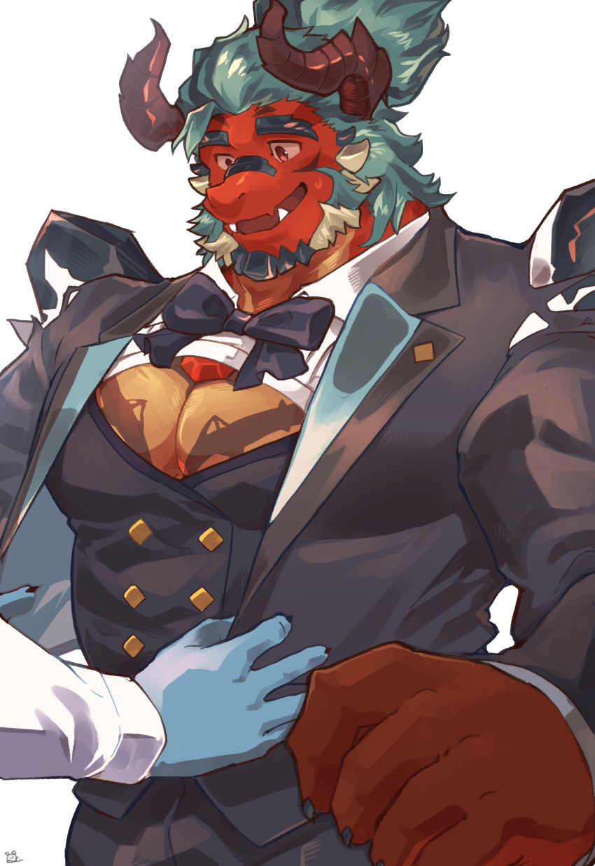 another_eidos_of_dragon_vein_r anthro atmos_(anothereidos_r) big_hands blue_body blue_hair blue_scales body_tattoo bow_tie chest_gem claws dragon dressing_another duo facial_hair fangs finger_claws folker_(anothereidos_r) gem goatee hair hi_res horn male mythological_creature mythological_scalie mythology pecs red_body red_eyes red_scales sawch_cls scales scalie sideburns smile teeth three_piece_suit white_hair