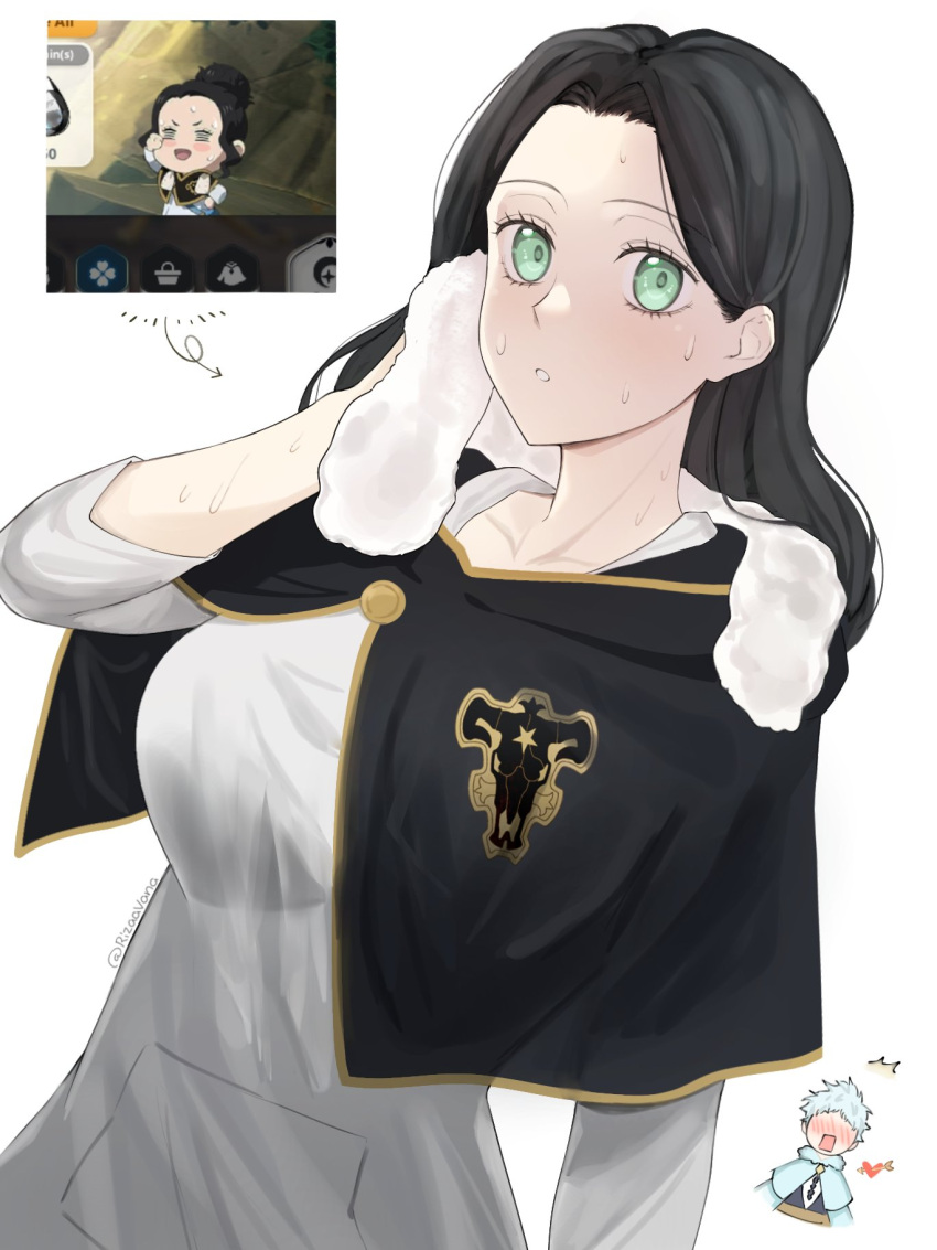 1girl black_bulls_(emblem) black_capelet black_clover black_hair breasts capelet charmy_pappitson drying green_eyes highres large_breasts long_hair looking_at_viewer reference_inset rizaavana shirt simple_background solo_focus sweat towel towel_around_neck upper_body white_background white_shirt white_towel