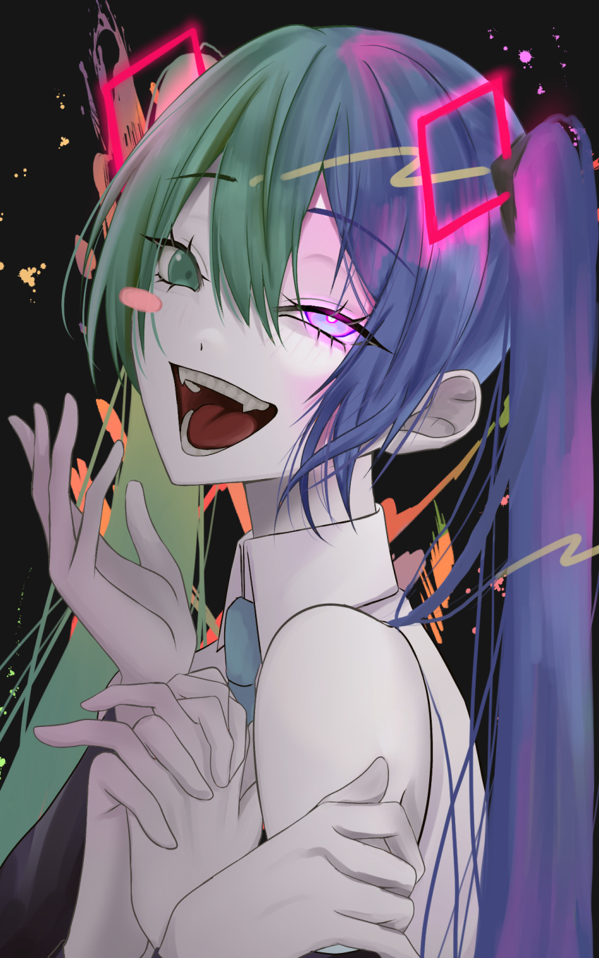 1girl aqua_necktie black_background blue_hair chimera_(vocaloid) collared_shirt commission extra_arms facing_away from_side glowing glowing_eye gradient_hair green_eyes green_hair hair_between_eyes half-closed_eye hatsune_miku heterochromia highres long_eyelashes looking_at_viewer multicolored_hair necktie open_mouth pale_skin s2_bi83 shirt skeb_commission solo teeth twintails two-tone_hair upper_body vocaloid