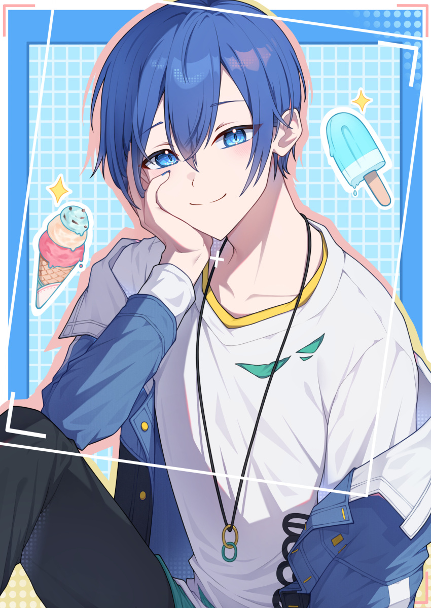 1boy absurdres black_pants blue_eyes blue_hair blue_nails collarbone food hair_between_eyes hand_on_own_face highres ice_cream ice_cream_cone jacket jewelry kaito_(vocaloid) knee_up looking_at_viewer male_focus necklace open_clothes open_jacket pants popsicle project_sekai short_hair sitting smile solo upper_body viewfinder vocaloid yamggu