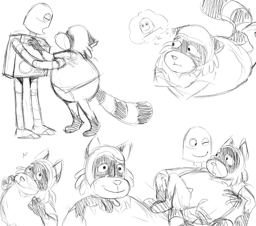 2024 abbytabbys anthro belly biped carrying_another clothing duo eyes_closed hi_res lying machine male mammal one_eye_closed procyonid raccoon rascal_(robot_dreams) robot robot_(robot_dreams) robot_dreams shirt simple_background sketch slightly_chubby solo topwear wink