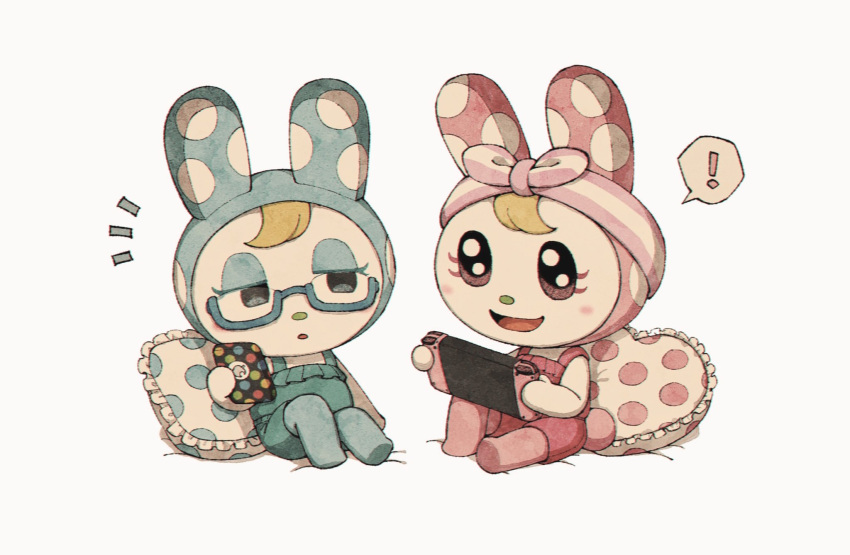 ! 2girls :d :o animal_crossing aqua-framed_eyewear aqua_hood aqua_shorts aqua_tank_top black_eyes blonde_hair blush cellphone chrissy_(animal_crossing) commentary eyelashes francine_(animal_crossing) frilled_pillow frills furry furry_female glasses handheld_game_console heart heart-shaped_pillow highres holding holding_handheld_game_console holding_phone hood hood_up kaji_(oni_atat) knee_up multiple_girls nintendo_switch notice_lines open_mouth phone pillow pink_hood pink_shorts pink_tank_top polka_dot polka_dot_pillow rabbit_girl semi-rimless_eyewear shorts siblings sisters sitting smartphone smile speech_bubble spoken_exclamation_mark symbol-only_commentary tank_top under-rim_eyewear