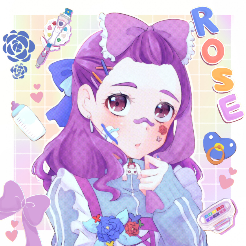 1girl baby_bottle bandage_on_face bandages bandaid bandaid_on_face bandaid_on_nose blue_bow blue_flower blue_jacket blue_rose bottle bow character_name earrings flower hair_bow hair_ornament hair_pulled_back hairclip heart highres jacket jewelry long_sleeves medium_hair milk_(yes!_precure_5) milky_mirror milky_pallette mimino_kurumi pacifier parted_lips precure purple_bow purple_eyes purple_hair rose shigen_pr sleeves_past_wrists solo track_jacket x_hair_ornament yes!_precure_5 yes!_precure_5_gogo!