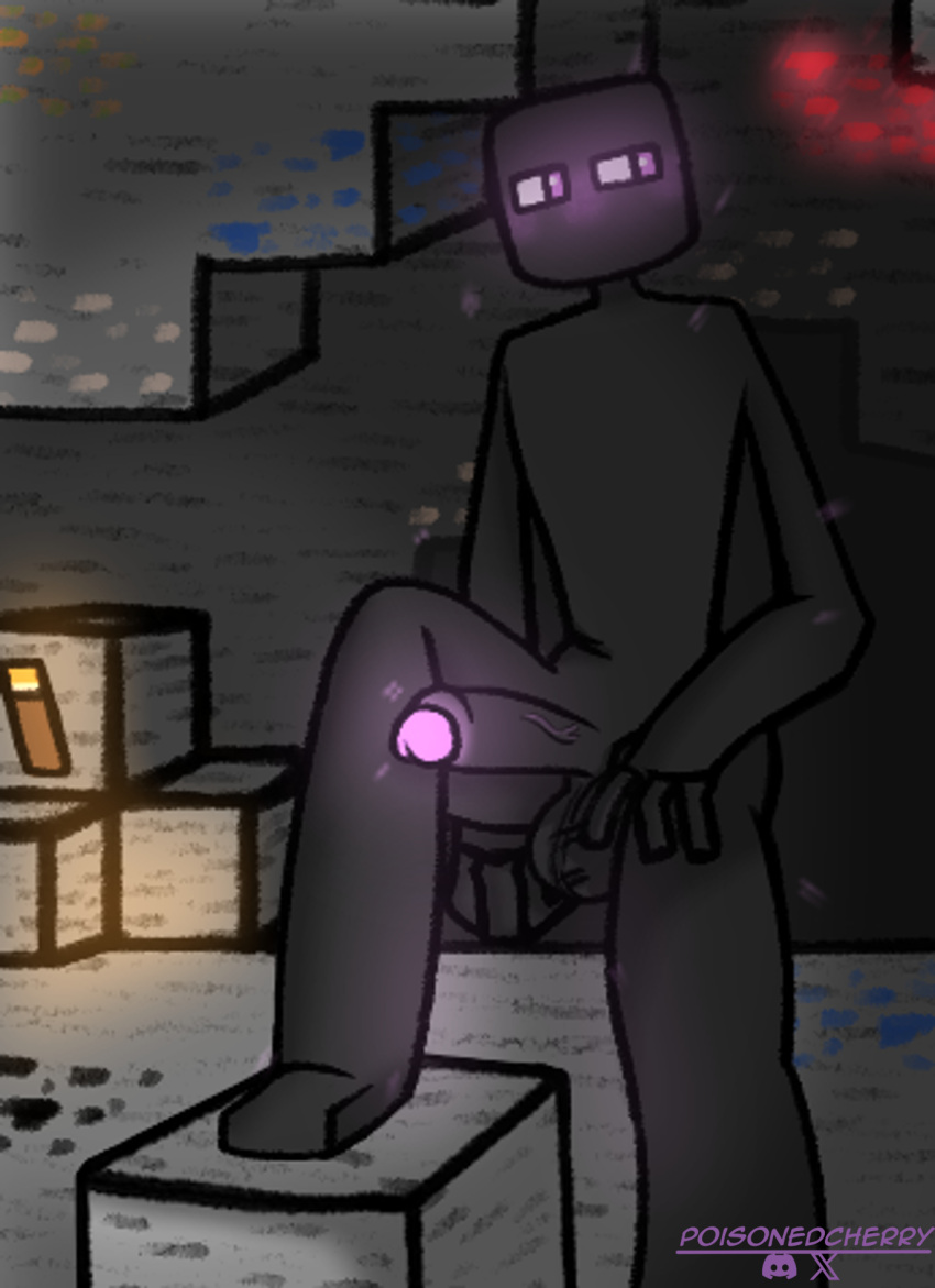 balls big_balls big_penis black_body cave coal enderman genitals glowing glowing_eyes glowing_genitalia glowing_penis hi_res humanoid looking_back male microsoft minecraft minecraft_background minecraft_block mojang particles penis poisonedcherry_(artist) presenting presenting_penis purple_eyes raised_leg redstone rock soft_lighting solo square_(anatomy) square_eyes square_head standing stone_floor stone_wall tall torch torch_light wall_(structure) wide_hips xbox_game_studios
