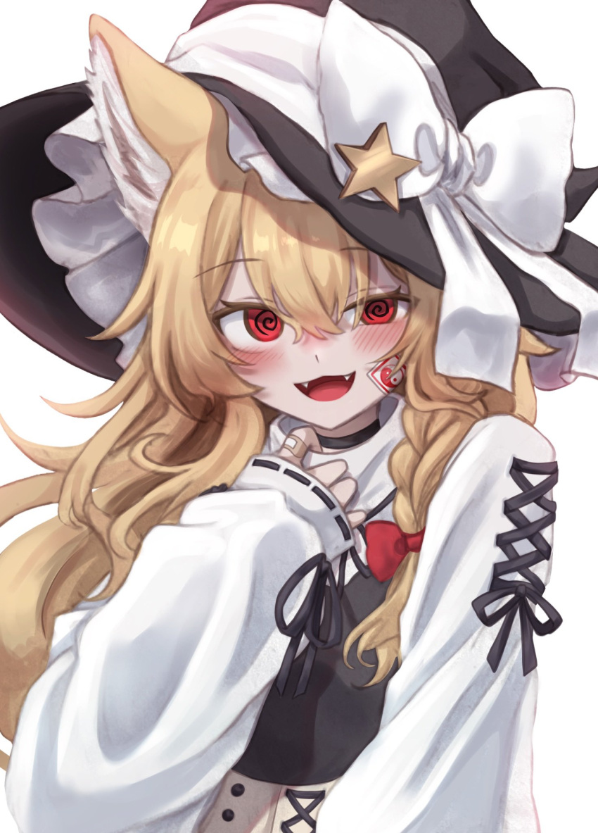 1girl :3 :d @_@ adapted_costume animal_ears bandaid bandaid_on_hand black_choker black_hat black_ribbon black_vest blush bow braid cat_ears cat_girl choker commentary crazy_eyes fangs hair_between_eyes hair_bow hat hat_bow hat_ornament highres karasu2020_8 kemonomimi_mode kirisame_marisa long_hair looking_at_viewer open_mouth red_bow red_eyes ribbon ribbon-trimmed_sleeves ribbon_trim shirt single_braid sleeves_past_wrists smile solo star_(symbol) star_hat_ornament symbol-only_commentary touhou tsurime turtleneck upper_body vest wavy_hair white_bow white_shirt witch witch_hat yin_yang