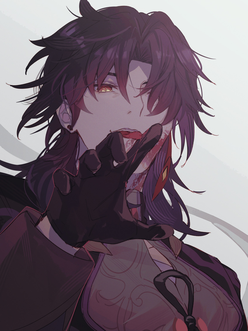 1boy absurdres black_gloves blade_(honkai:_star_rail) blood blood_on_face blood_on_hands blue_hair chinese_clothes clothing_cutout earrings gloves hair_over_one_eye hand_up highres honkai:_star_rail honkai_(series) jewelry licking_blood long_sleeves male_focus medium_hair open_mouth parted_bangs portrait red_eyes solo symbol-shaped_pupils tongue tongue_out zassyoku_dd