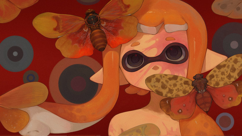 1girl black_eyes bug butterfly commentary covered_mouth empty_eyes highres inkling inkling_girl inkling_player_character liang_cun_rakuna long_hair looking_up nude orange_hair paint_on_body paint_splatter paint_splatter_on_face pointy_ears red_background solo splatoon_(series) suction_cups symbol-only_commentary tagme tentacle_hair twintails