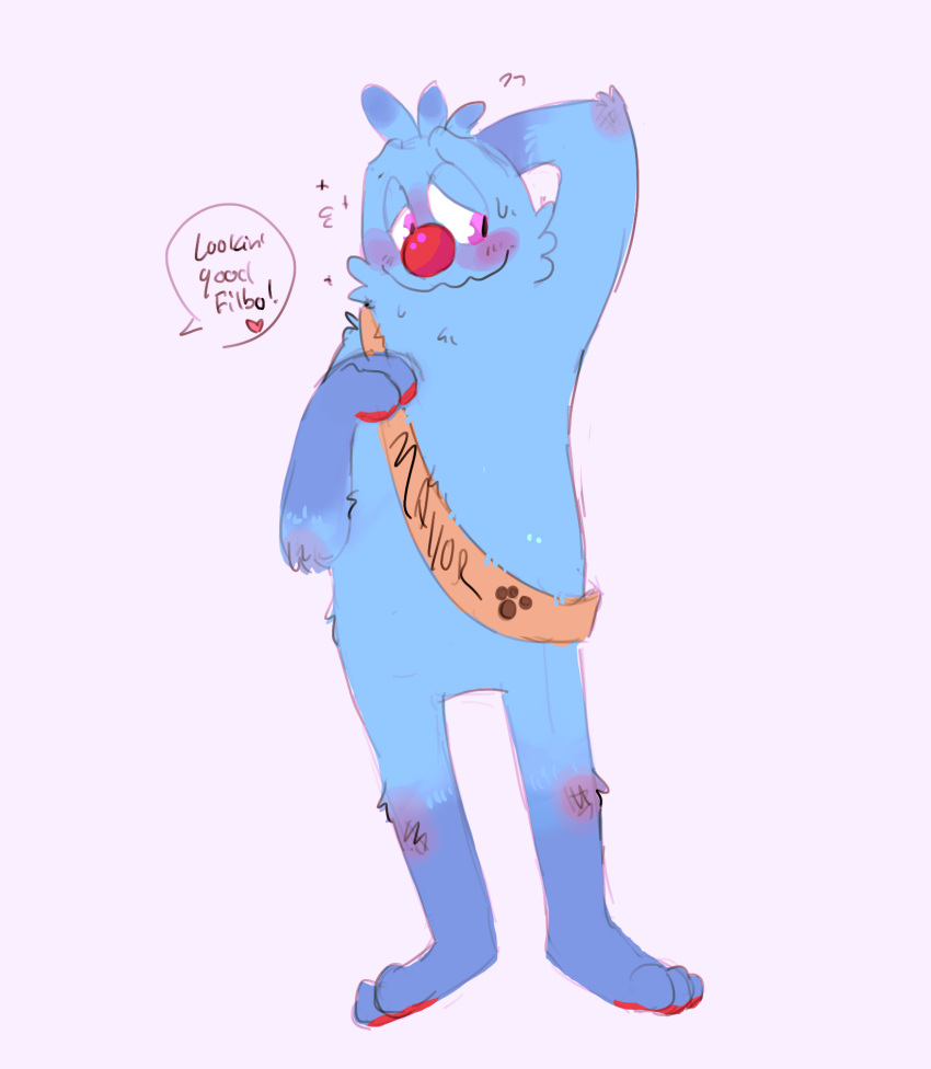 2022 anthro blue_body blue_fur blue_hair bugsnax digital_media_(artwork) english_text filbo_fiddlepie flustered footprint fur grumpus hair half-closed_eyes hand_behind_head hand_behind_own_head hand_on_chest hand_on_own_chest heart_after_text heart_symbol hi_res looking_away male multicolored_body multicolored_fur narrowed_eyes pawpads pawprint purple_eyes red_nose red_pawpads sash shaibey smile solo speech_bubble standing text two_tone_body two_tone_fur young_horses