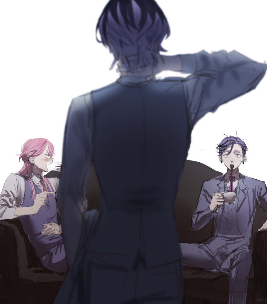 absurdres arm_behind_head chamuring couch cup from_behind haitani_ran haitani_rindou hand_on_own_neck highres holding holding_cup laughing looking_at_another male_focus multicolored_hair multiple_boys necktie pants pink_hair purple_eyes purple_hair purple_suit red_necktie sanzu_haruchiyo suit surprised tokyo_revengers two-tone_hair vest wide-eyed wolf_cut