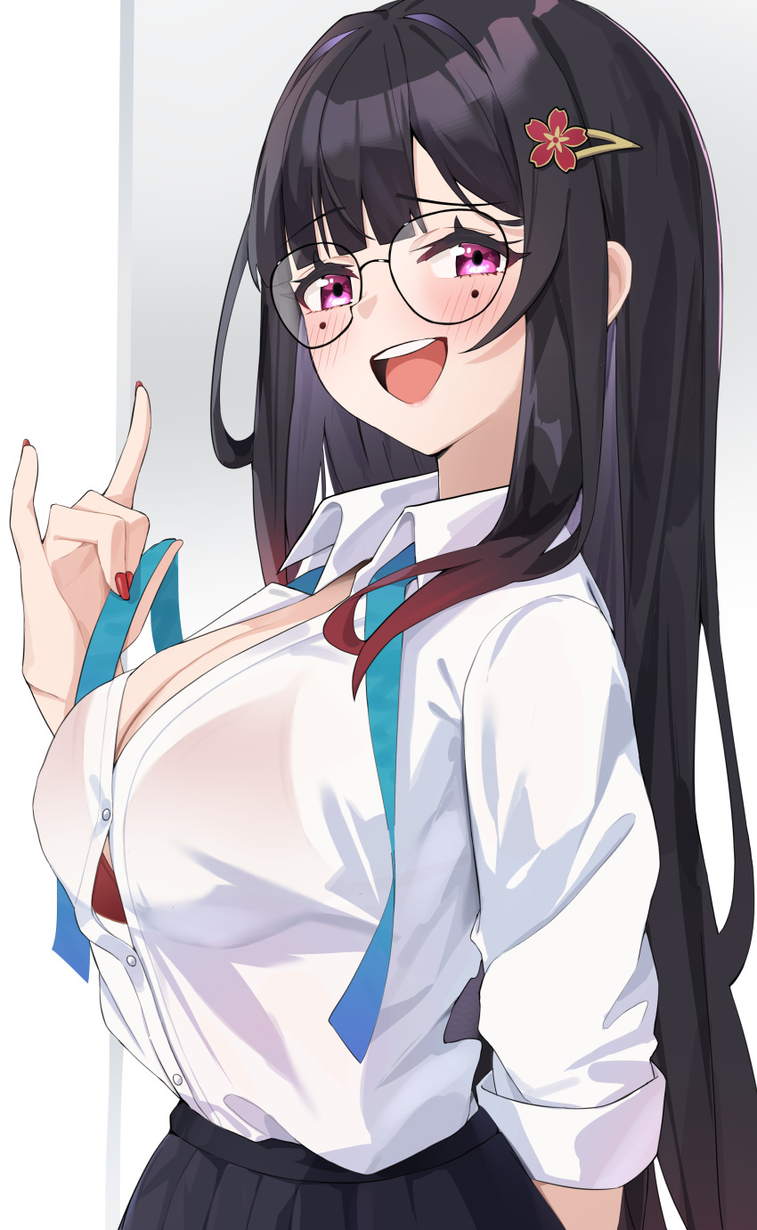 1girl :d absurdres band_(skymole01) black_hair black_skirt blush bra breasts cleavage commentary facial_mark glasses hair_ornament highres honkai:_star_rail honkai_(series) large_breasts long_hair long_sleeves looking_at_viewer nail_polish open_mouth pink_eyes pleated_skirt red_bra red_nails shirt skirt smile solo sparkle_(honkai:_star_rail) underwear upper_body very_long_hair white_shirt