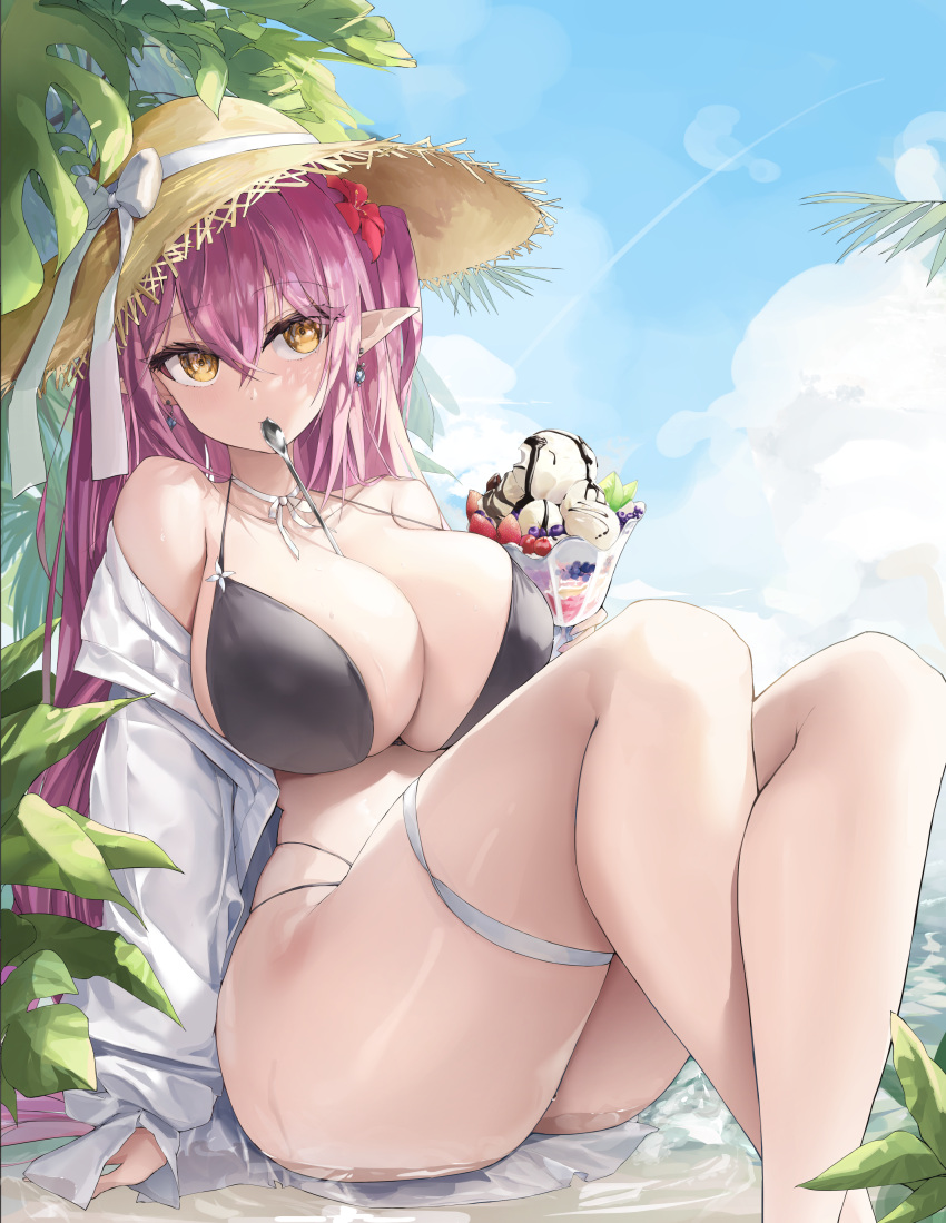 1girl absurdres arm_support bare_legs bikini black_bikini blue_sky breasts brown_eyes cloud collarbone crossed_bangs dra1n food hair_between_eyes highres holding holding_food ice_cream jacket korean_commentary large_breasts leaf looking_at_viewer original outdoors palm_tree purple_eyes sitting sky solo spoon sundae swimsuit thigh_strap thighs tree utensil_in_mouth wet white_jacket