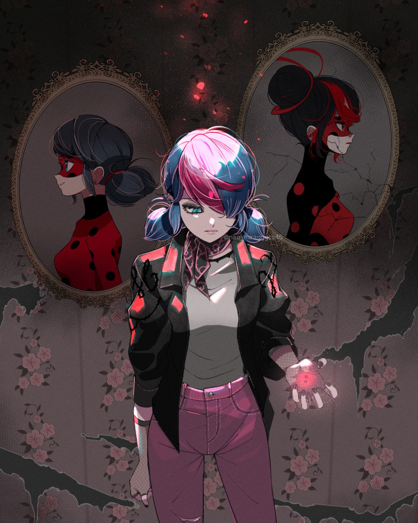 3girls black_hair black_jacket blazer blue_eyes blue_hair bodysuit broken_mirror closed_mouth earrings highres jacket jewelry ladybug_(character) light_smile marinette_dupain-cheng mask miraculous_ladybug mirror multiple_girls open_clothes open_jacket pants pink_pants red_bodysuit red_eyes red_mask sad seio_(nao_miragggcc45) shadybug shirt short_twintails superhero_costume twintails white_shirt