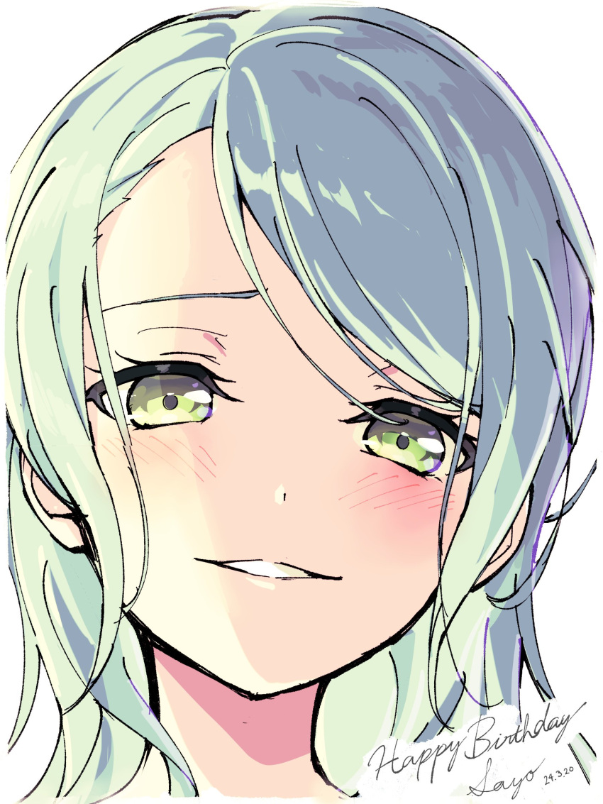 1girl absurdres aqua_hair bang_dream! character_name close-up dated green_eyes happy_birthday highres hikawa_sayo long_hair looking_at_viewer nobusawa_osamu open_mouth simple_background upper_body white_background