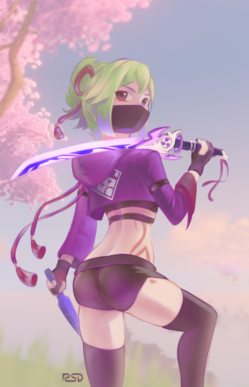 1girl absurdres alternate_costume ass black_thighhighs body_markings cherry_blossoms crop_top cropped_jacket from_behind genshin_impact green_hair highres holding holding_sword holding_weapon katana kuki_shinobu mask mouth_mask shorts starflight sword tagme tattoo thighhighs weapon