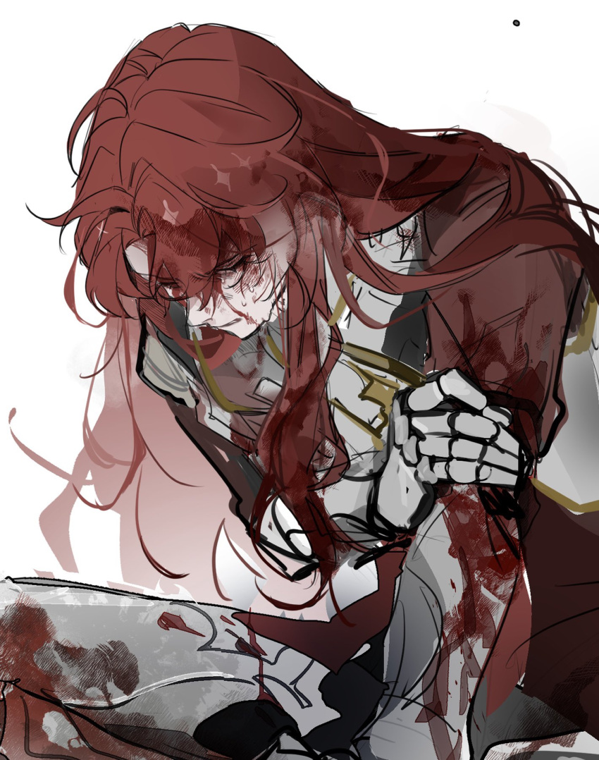 1boy argenti_(honkai:_star_rail) armor blood blood_on_clothes blood_on_face hair_between_eyes highres honkai:_star_rail honkai_(series) injury long_hair male_focus oryunbunkosu red_hair simple_background solo white_background