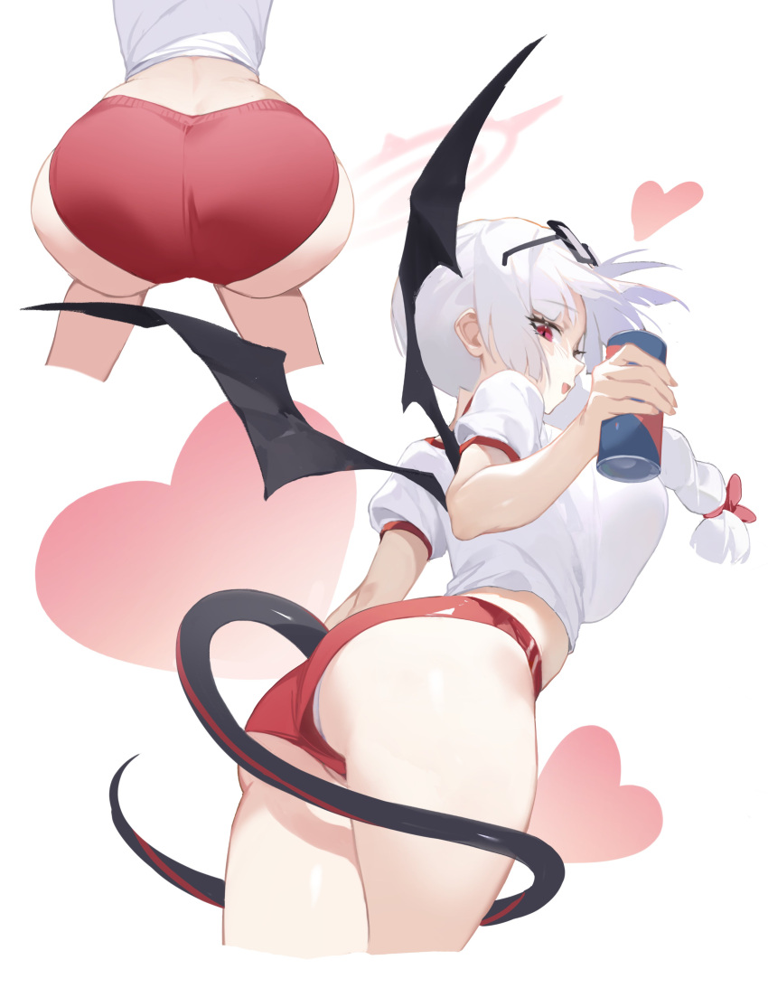 1girl absurdres alter_(j_alter7) ass black_tail black_wings blue_archive buruma can cropped_legs eyewear_on_head gym_uniform halo haruna_(blue_archive) haruna_(track)_(blue_archive) heart highres holding holding_can long_hair looking_to_the_side multiple_views open_mouth panties panty_peek red_buruma red_eyes red_halo shirt short_sleeves simple_background underwear white_background white_hair white_panties white_shirt wings