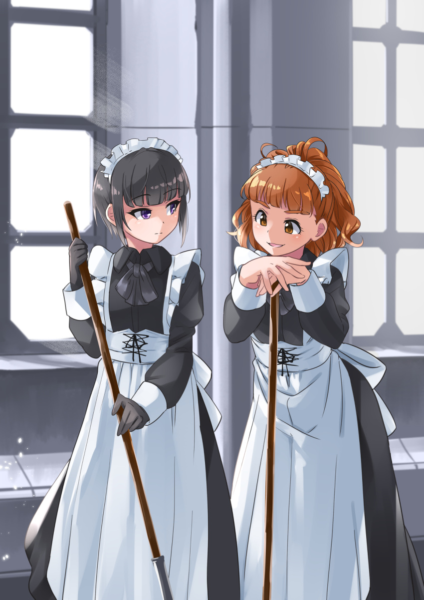 2girls alternate_costume apron ascot black_ascot black_dress black_gloves black_hair blunt_bangs broom brown_eyes brown_hair center-flap_bangs cleaning closed_mouth criss-cross_strings curly_hair day dot_nose dress eyelashes feet_out_of_frame gloves hands_up headdress highres holding holding_broom idolmaster idolmaster_cinderella_girls indoors juliet_sleeves light_rays long_dress long_sleeves looking_at_another looking_down looking_to_the_side maid maid_apron maid_headdress multiple_girls ohnishi_yuriko open_mouth pillar puffy_sleeves purple_eyes shirayuki_chiyo sidelocks sleeve_cuffs split_mouth standing straight_hair tile_floor tiles white_apron white_headdress window yuuichi_(reductionblack)