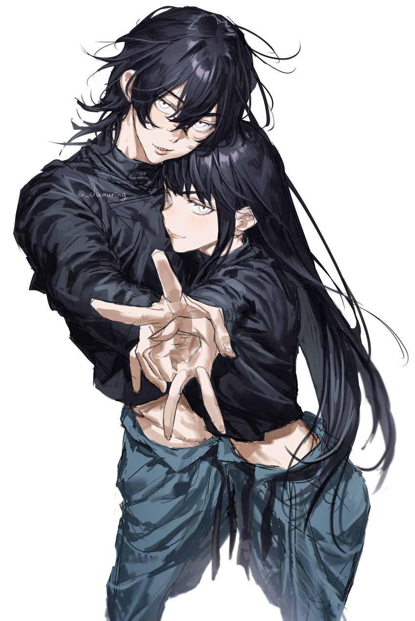 1boy 1girl absurdres black_hair blue_pants blush chamuring crop_top from_above hands_up head_rest highres hug leaning_on_person long_hair male_focus original pants sharp_teeth siblings smile straight_hair teeth twins upper_teeth_only v white_eyes wolf_cut