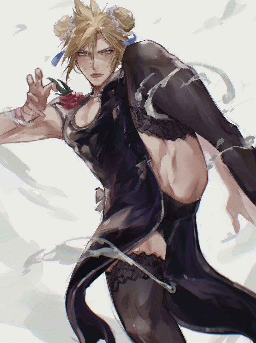 1boy aqua_eyes arm_up black_dress black_thighhighs blonde_hair boyshort_panties charluiu china_dress chinese_clothes cleavage_cutout closed_mouth clothing_cutout cloud_strife crossdressing double_bun dress final_fantasy final_fantasy_vii final_fantasy_vii_remake hair_bun high_kick highres kicking leg_up male_focus medium_hair pectoral_cleavage pectorals side_slit simple_background solo standing standing_on_one_leg thighhighs thighs white_background