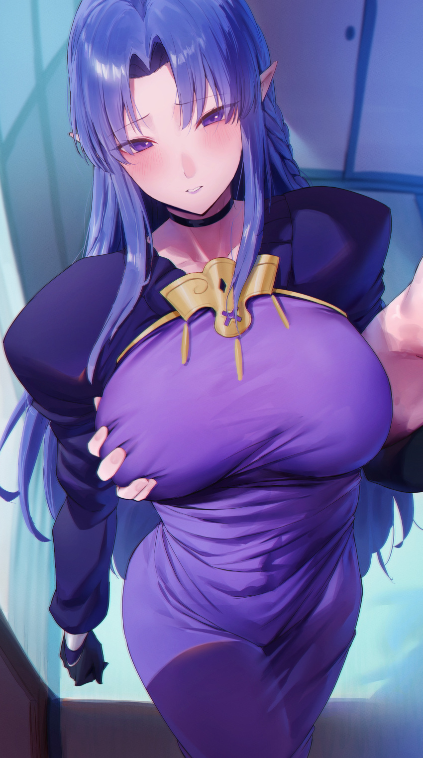 1boy 1girl :o absurdres black_choker black_gloves blush braid breasts choker covered_navel dated deep_skin dress fate/stay_night fate_(series) gloves grabbing grabbing_another's_breast hetero highres indoors large_breasts long_hair long_sleeves looking_at_viewer medea_(fate) out_of_frame pointy_ears purple_dress purple_eyes purple_hair rororo sidelocks sliding_doors solo_focus tatami very_long_hair