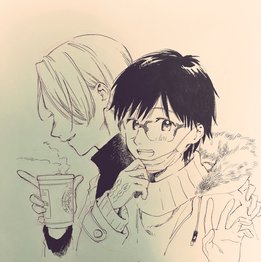 2boys bishounen blush_stickers coat commentary_request cropped_torso cup disposable_cup drink fur-trimmed_hood fur_trim glasses gloves greyscale hair_over_one_eye hand_up highres holding holding_drink hood hood_down hooded_coat katsuki_yuuri long_sleeves looking_at_viewer male_focus mask mask_pull monochrome mouth_mask multiple_boys no+bi= open_clothes open_coat open_mouth photo_(medium) short_hair smile steam sweater teeth thick_eyebrows traditional_media turtleneck turtleneck_shirt turtleneck_sweater viktor_nikiforov waving winter_clothes winter_coat yuri!!!_on_ice