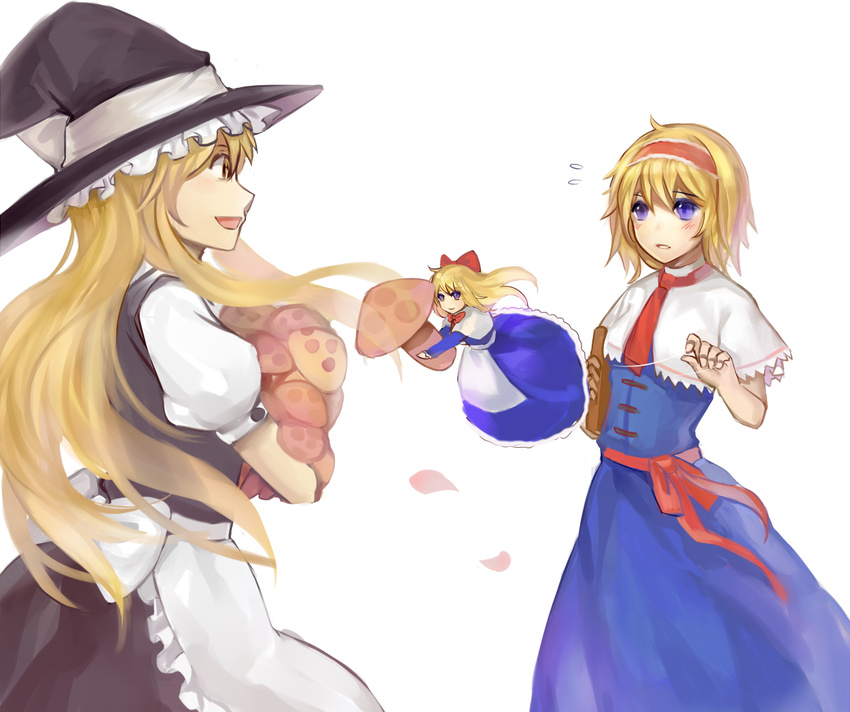 alice_margatroid apron bad_id bad_pixiv_id blonde_hair blue_dress blue_eyes blush book bow capelet dress eye_contact faux_traditional_media flying_sweatdrops hair_bow hairband hat hat_ribbon jewelry kirisame_marisa long_hair looking_at_another multiple_girls mushroom open_mouth parted_lips petals profile puppet_rings puppet_strings ramble12 ribbon ring sash shanghai_doll short_hair short_sleeves simple_background skirt touhou vest white_background witch_hat yellow_eyes