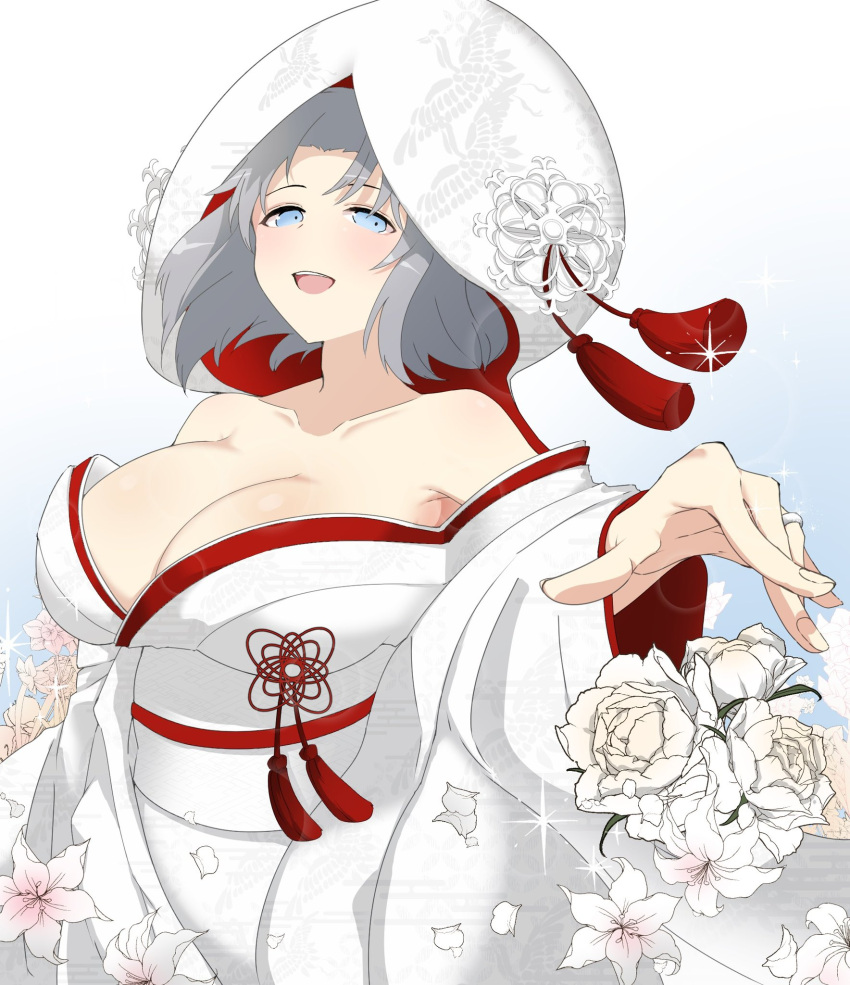 azareiya_0702 blue_background blue_eyes breasts chinese_knot cleavage flower grey_hair highres japanese_clothes jewelry kimono large_breasts light_blush low_neckline medium_hair open_mouth petals ribbon-trimmed_kimono ring senran_kagura smile uchikake wedding_ring white_flower white_kimono yumi_(senran_kagura)