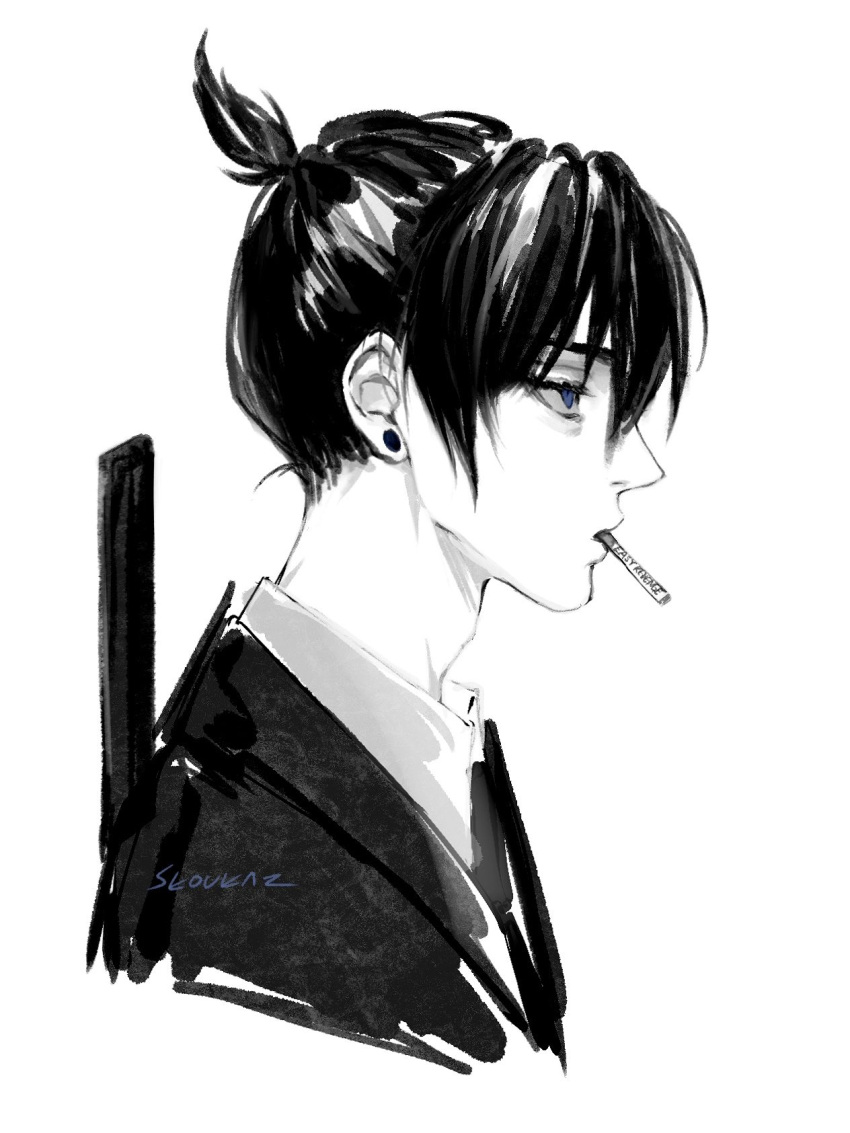 1boy black_hair black_suit blue_eyes chainsaw_man cigarette collared_shirt earrings expressionless from_side greyscale hair_between_eyes hayakawa_aki highres jewelry looking_to_the_side male_focus monochrome portrait scabbard sheath shirt signature skoukaz suit topknot upper_body white_shirt