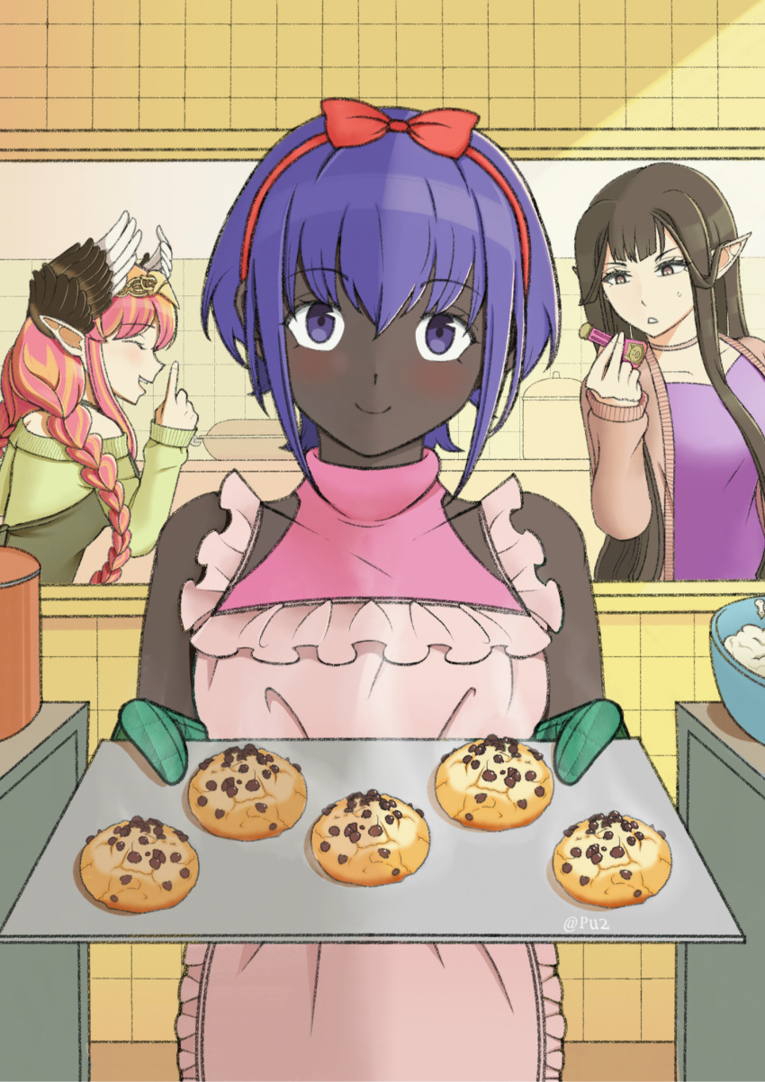 3girls alternate_costume apron bare_shoulders black_hair blush braid circe_(fate) collarbone cookie dark_skin fate/grand_order fate_(series) food green_mittens hair_ribbon hairband hassan_of_serenity_(fate) highres holding holding_tray looking_at_viewer mittens multiple_girls pink_apron pink_hair pointy_ears pu2_helbuh purple_eyes purple_hair red_hairband red_ribbon ribbon semiramis_(fate) short_hair tray twitter_username