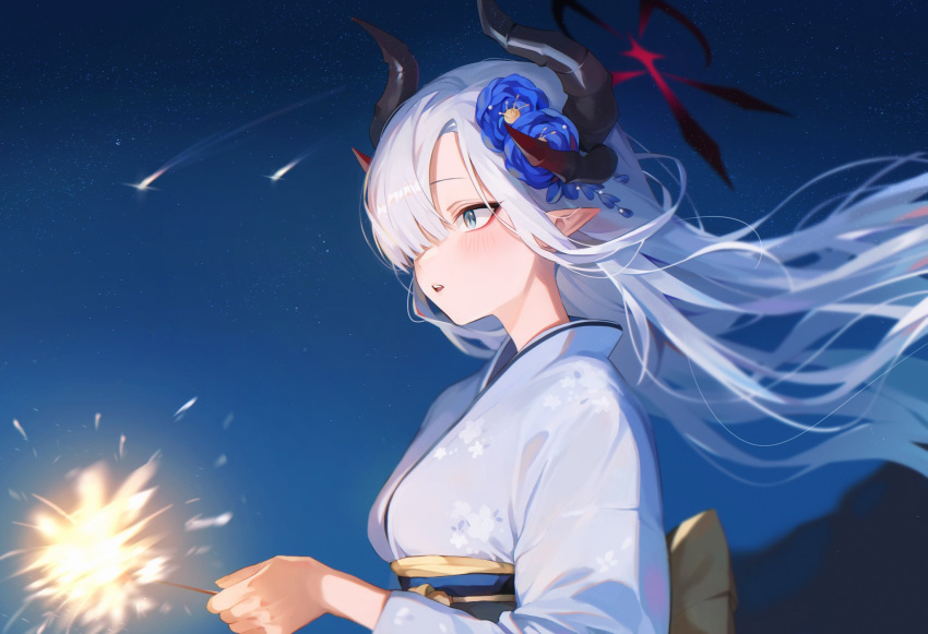 1girl black_horns blue_archive blush demon_horns fireworks grey_eyes grey_hair halo highres horns hyeonwook9 japanese_clothes kimono long_hair long_sleeves makoto_(blue_archive) multiple_horns obi open_mouth pointy_ears red_halo sash solo upper_body white_kimono wide_sleeves