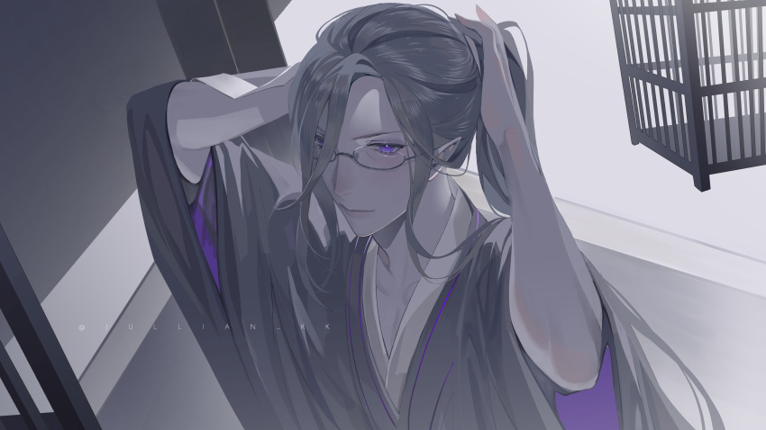 1boy absurdres black_hair black_kimono glasses grey_hair hair_between_eyes highres holostars holostars_english japanese_clothes jullian_kk kimono lips long_hair looking_at_viewer male_focus multicolored_hair noir_vesper noir_vesper_(old_design) pale_skin pointy_ears ponytail purple_eyes solo streaked_hair twitter_username two-tone_hair tying_hair upper_body very_long_hair virtual_youtuber